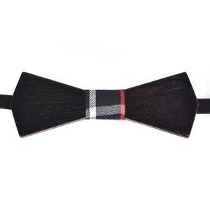 Men's Wooden Bow Tie, Black Plaid Fabric Center